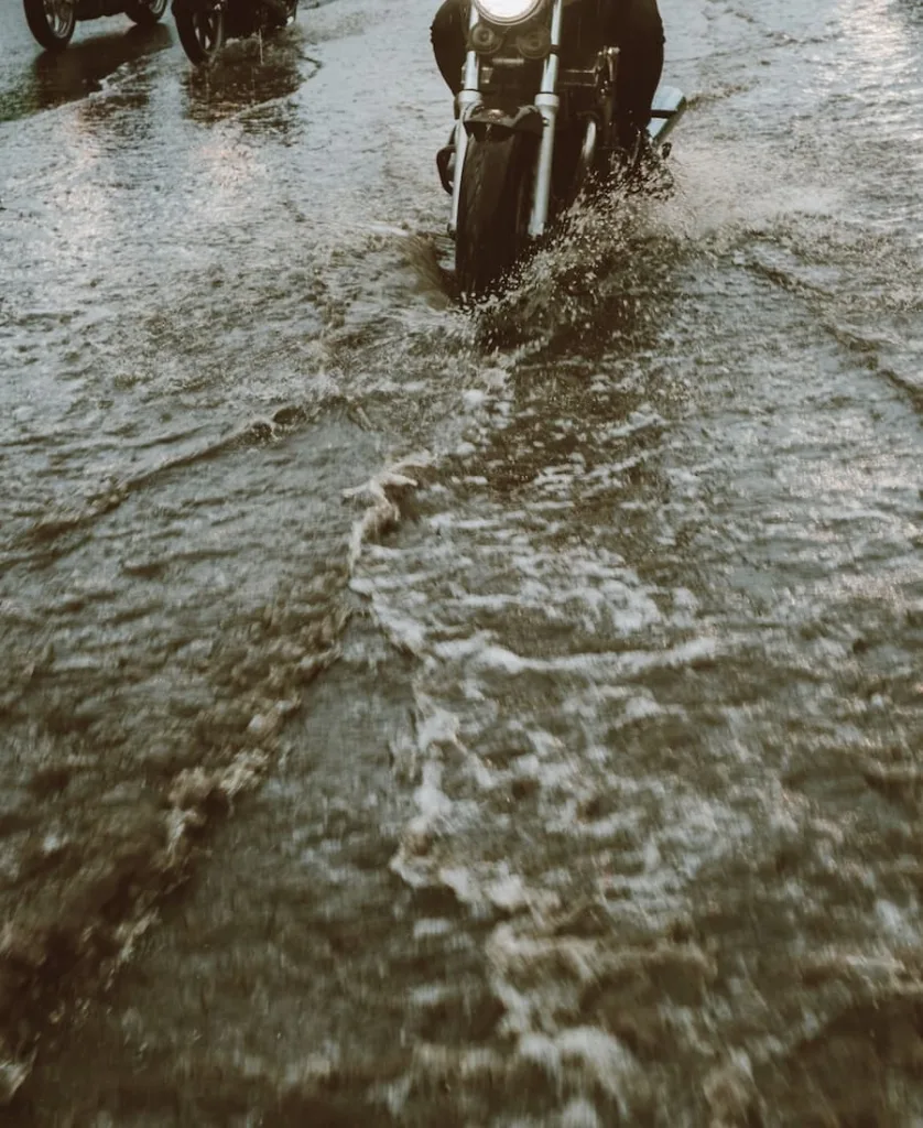 a motorcycle in the middle of the flood