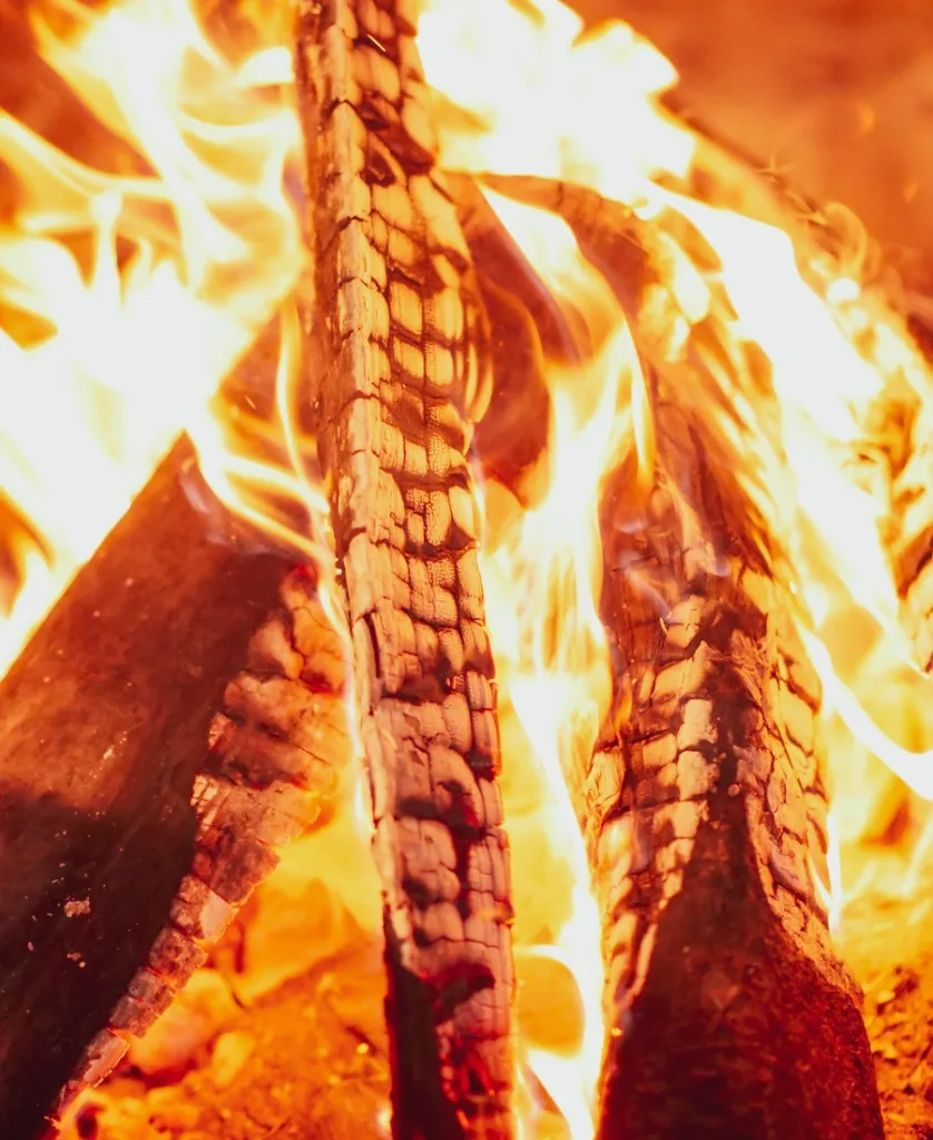 pieces of wood burning in the bonfire